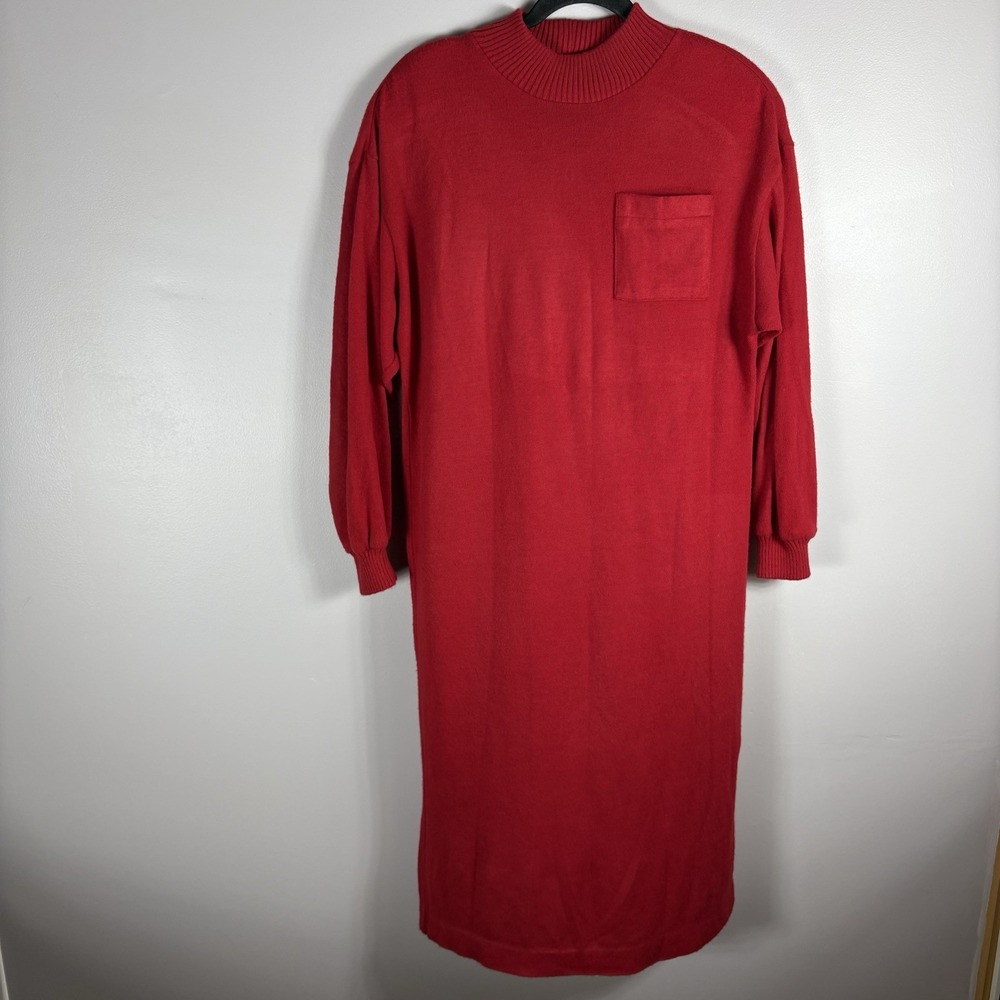 Kay Windsor Women's Red Mock Neck Should Pads Long Sleeve Midi Sweater Dress VTG